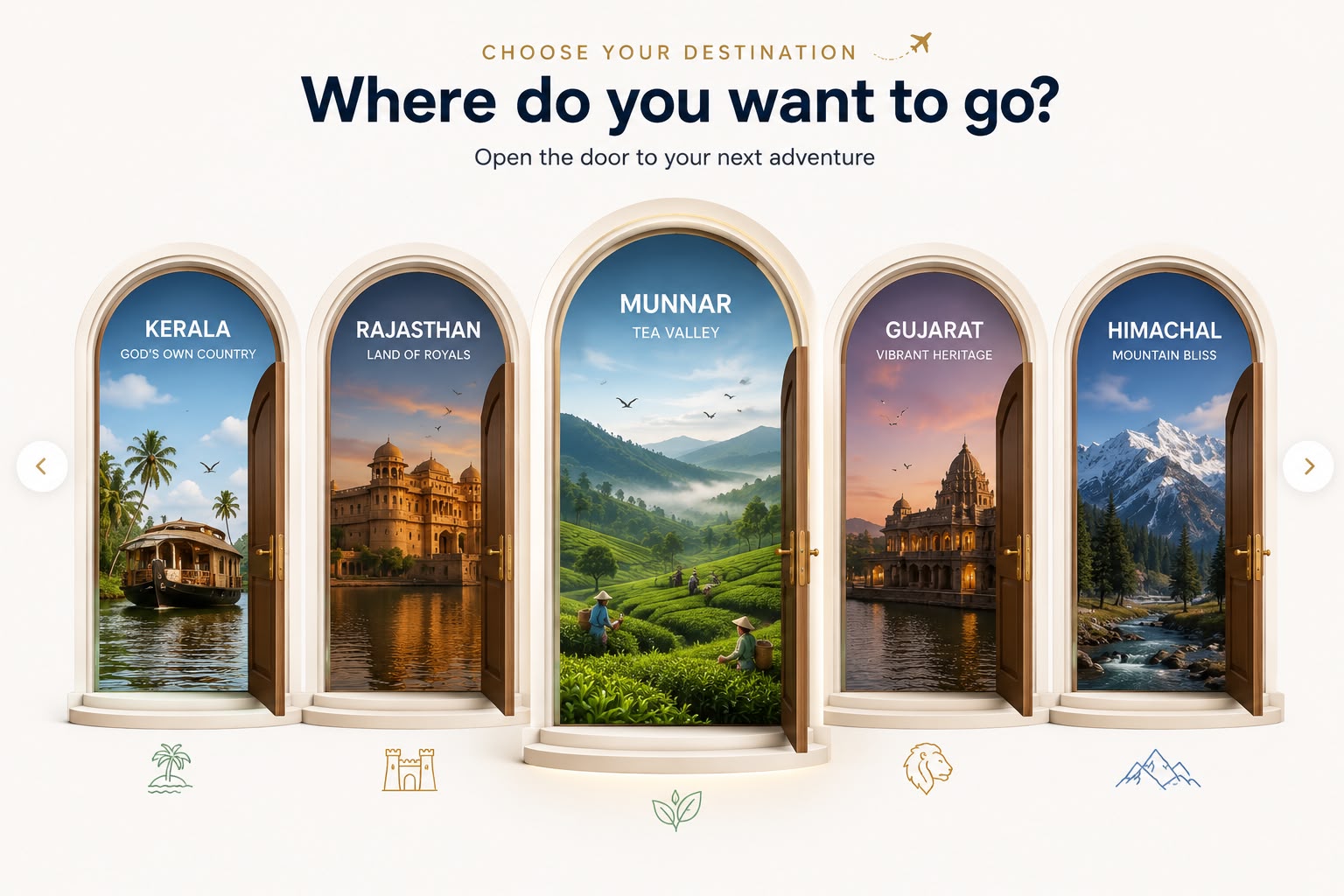 Choose your destination — Kerala, Rajasthan, Munnar, Gujarat, Himachal