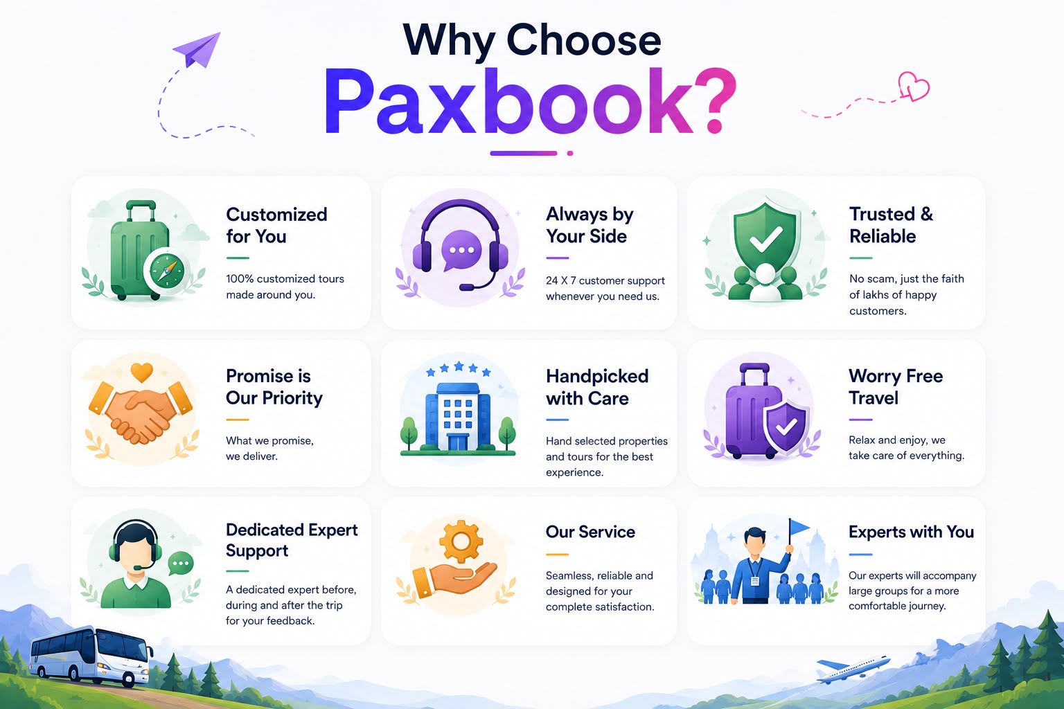 Why Choose Paxbook — Customized for You, Always by Your Side, Trusted & Reliable, Promise is Our Priority, Handpicked with Care, Worry Free Travel, Dedicated Expert Support, Our Service, Experts with You
